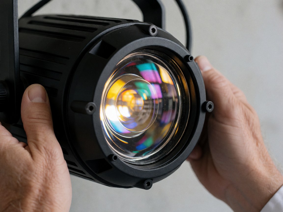 Objectif de projecteur de scène montrant des reflets de gels chromatiques, mains ajustant l'équipement sur fond de mur en béton lisse dans un centre de spectacles.