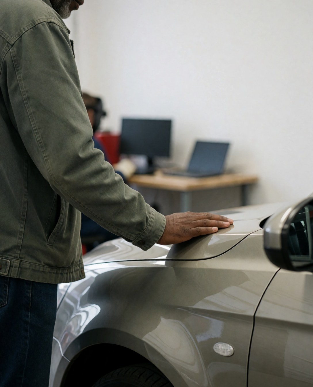 Une cliente examine la finition du capot d'une voiture dans un atelier de réparation aux murs blancs et à l'éclairage intérieur.