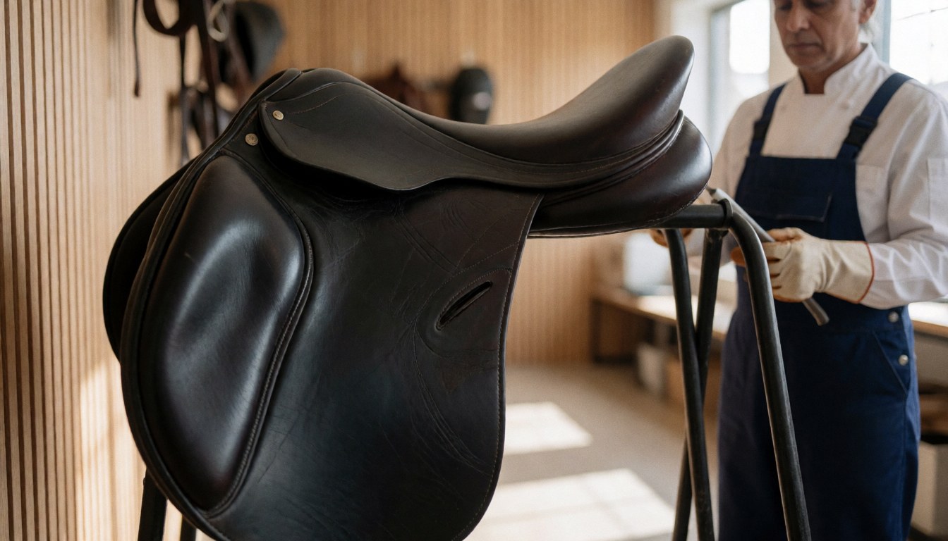 Selle anglaise noire brillante posée sur un présentoir dans un centre équestre aux murs en bois et à la lumière naturelle.