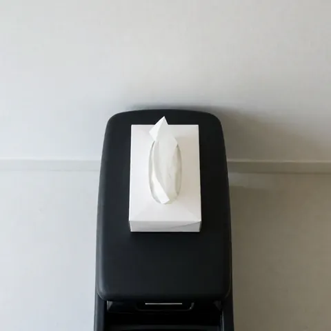 Boîte blanche de mouchoirs jetables posée sur une console noire de voiture, avec un mur blanc et une lumière naturelle, idéale pour les services de transport.