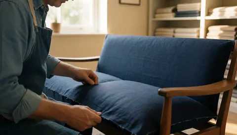 Un artisan ajuste un tissu bleu sur un canapé en bois avec des étagères de tissus en arrière-plan dans un espace lumineux.