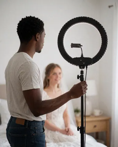 Photographe de mariage ajustant un anneau lumineux dans une pièce avec la mariée en arrière-plan flou