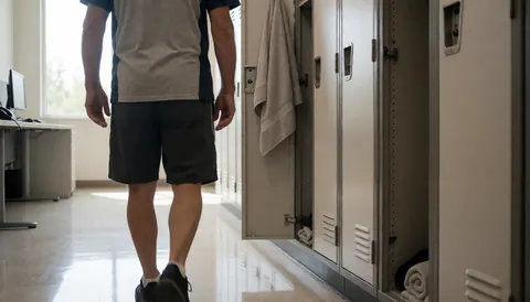 Une personne se dirigeant vers des casiers dans un vestiaire de salle de sport, avec des serviettes et un sol poli reflétant la lumière naturelle.