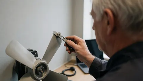 Un technicien ajuste un balancier sur un ventilateur blanc dans un atelier propre et organisé avec des murs gris clair.