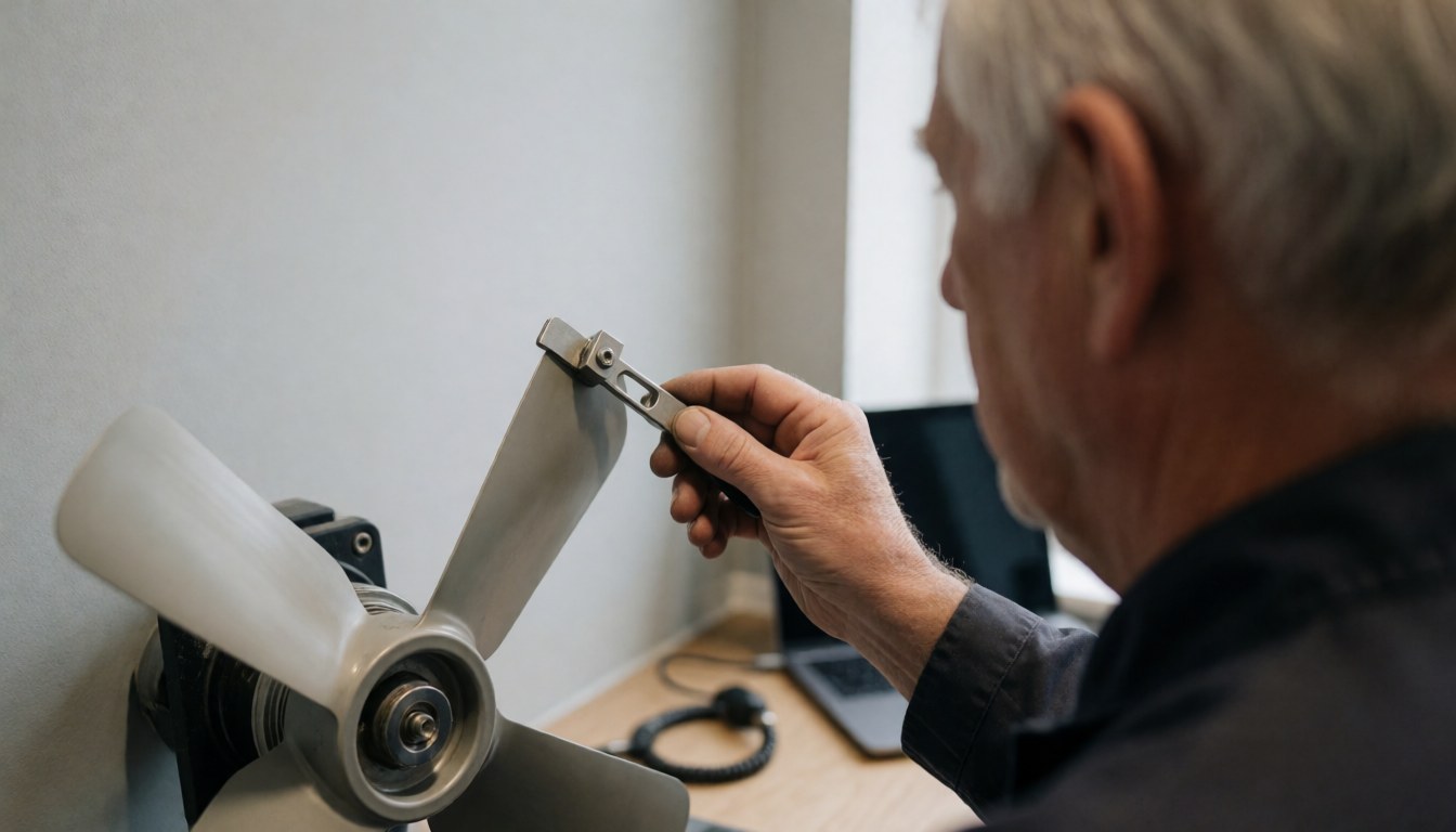 Un technicien ajuste un balancier sur un ventilateur blanc dans un atelier propre et organisé avec des murs gris clair.