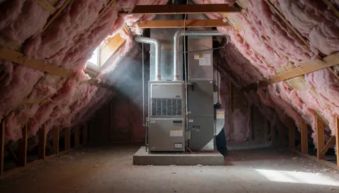 Vue d'une chaudière installée au plafond, entourée de poutres en bois et d'isolation rose, éclairée par la lumière naturelle d'une fenêtre.