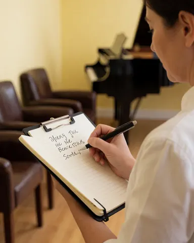 Une femme prend des notes dans un carnet lors d'un cours de tango, avec un piano et des chaises en cuir sur fond de murs jaunes.