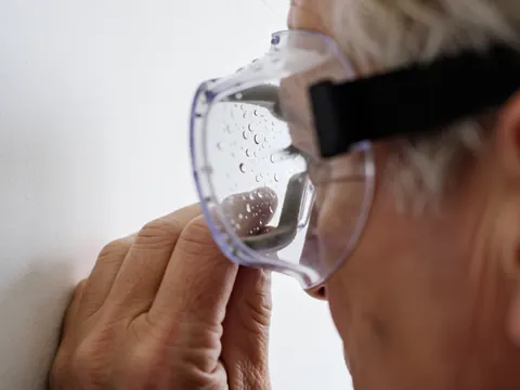 Lunettes de sécurité avec des gouttes d'eau, ajustées par une main, sur un mur blanc, pour l'industrie.
