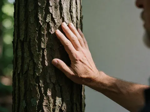 Gros plan d'une main d'adulte posée sur l'écorce rugueuse d'un arbre dans une forêt baignée de lumière tamisée, évoquant la nature et le plein air.