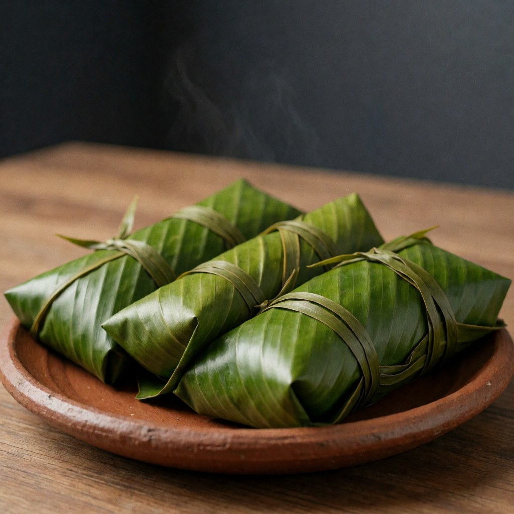 Tamales enveloppés dans des feuilles vertes émettant de la fumée, posés sur une assiette en terre cuite, sur une table en bois avec des murs gris en arrière-plan.