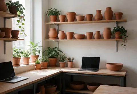 Des fleurs en pot sur des étagères en bois dans un atelier de bricolage, créant une ambiance naturelle et ordonnée.