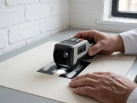 Un professionnel mesure la couleur d'un échantillon de tissu imprimé à l'aide d'un colorimètre numérique sur une table de travail.