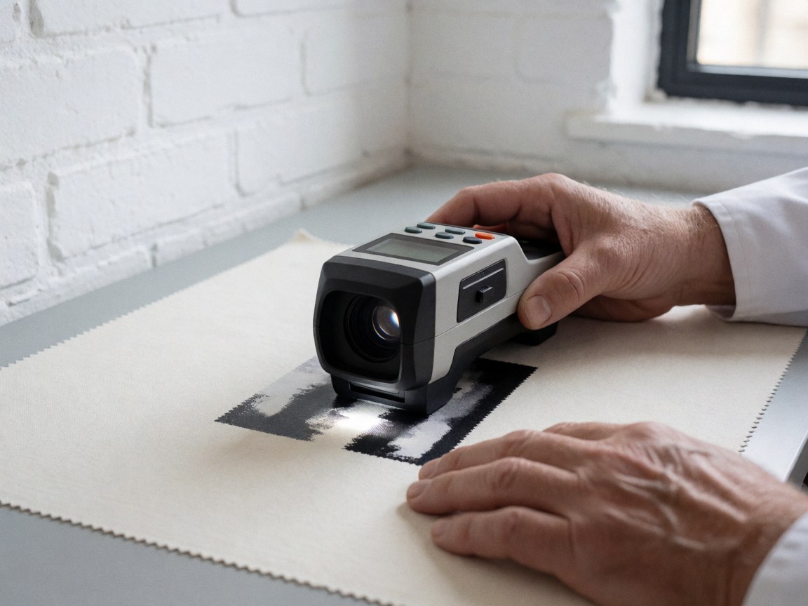 Un professionnel mesure la couleur d'un échantillon de tissu imprimé à l'aide d'un colorimètre numérique sur une table de travail.