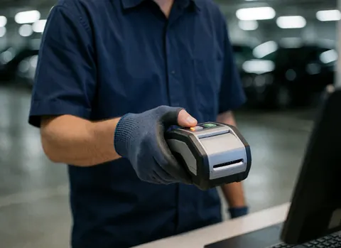 Une main portant un gant appuie sur le bouton d'une imprimante portable dans un parking souterrain éclairé.