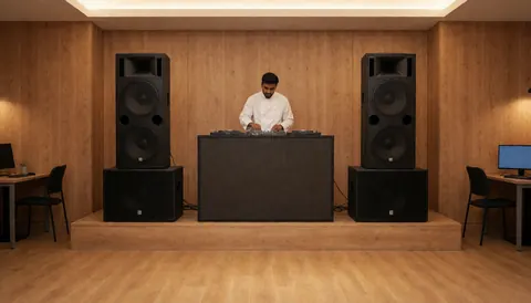 Un DJ professionnel se tient derrière une console de mixage entourée de grands haut-parleurs, dans un espace aux murs et au sol en bois avec un éclairage chaleureux, idéal pour une fête.