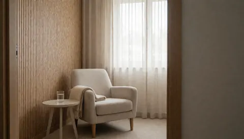 Salle de thérapie avec chaise confortable, petite table avec eau et lumière naturelle, idéale pour la couverture d'un site web