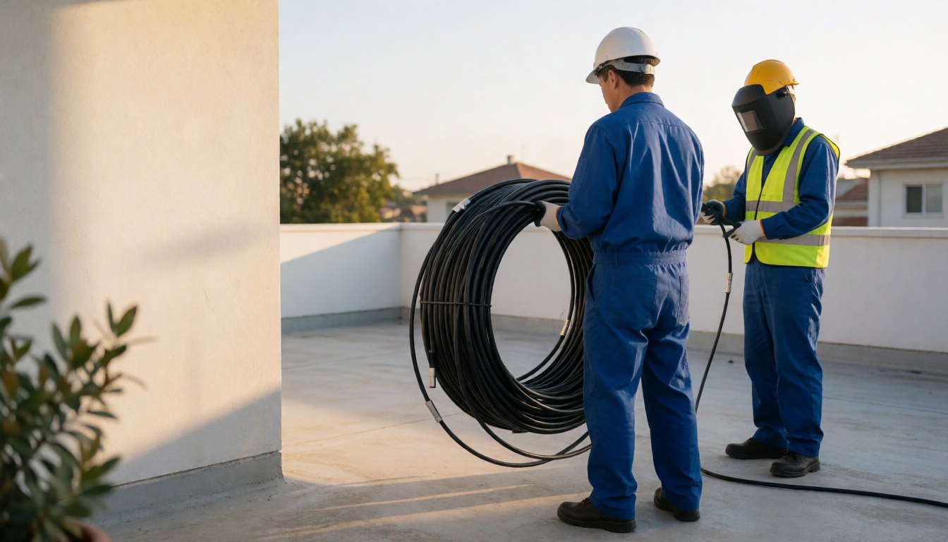 Technicien en tenue de sécurité avec casque et gilet installant une antenne sur un toit, tenant un câble coaxial, éclairé par une lumière dorée.