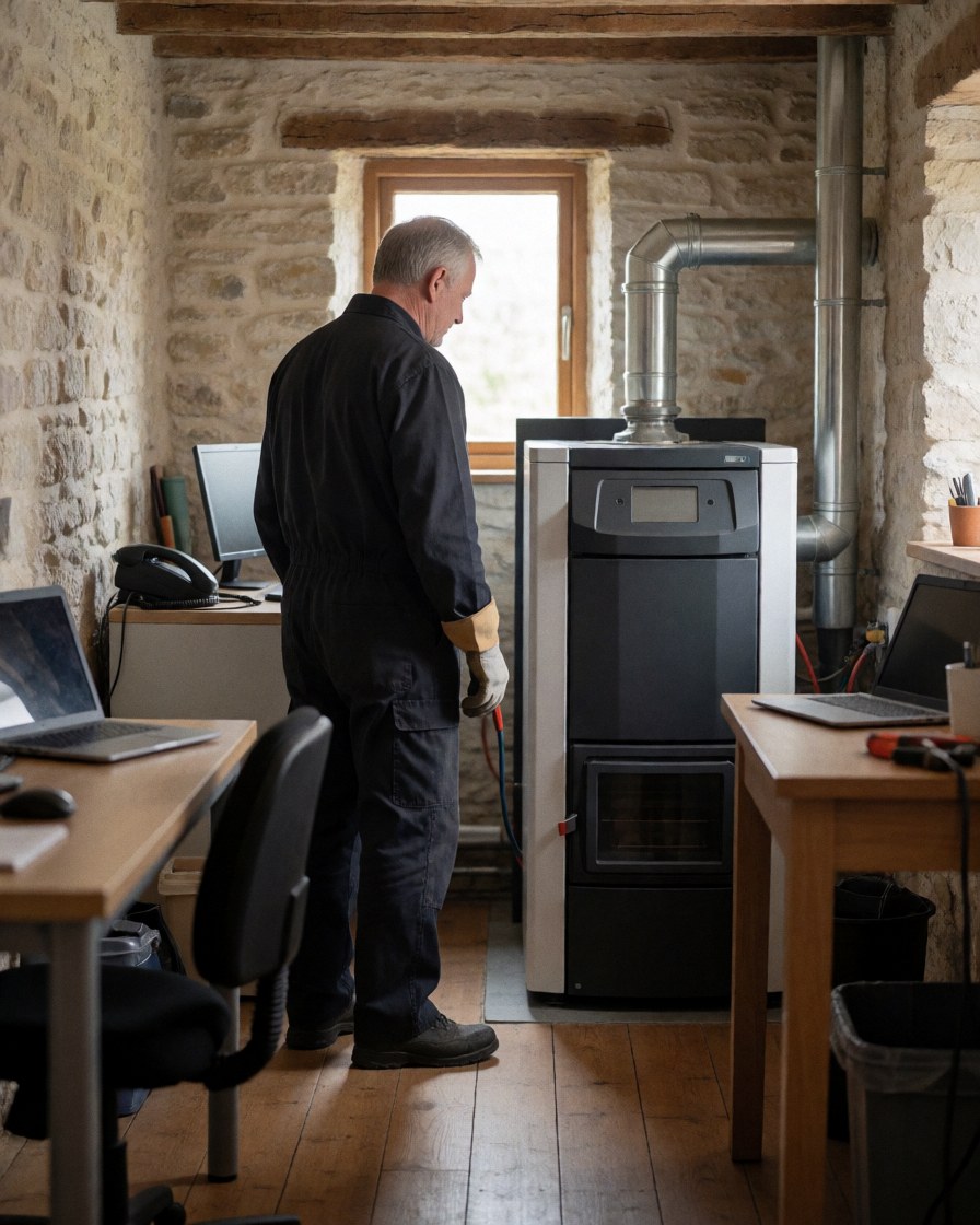 Technicien de chaudières examinant une unité de biomasse dans un atelier en pierre avec lumière naturelle et outils accessibles.