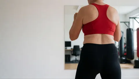 Une femme en tenue de sport adopte une posture de boxe dans un gymnase aux murs blancs avec des haltères suspendus en arrière-plan et un espace vide à gauche pour ajouter du texte.