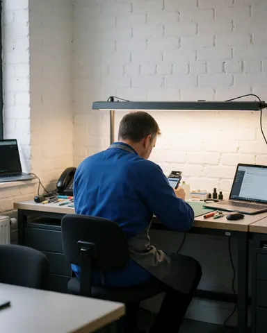 Un technicien en atelier répare un téléphone portable avec des outils, devant un mur de briques blanches et sous un éclairage de travail.