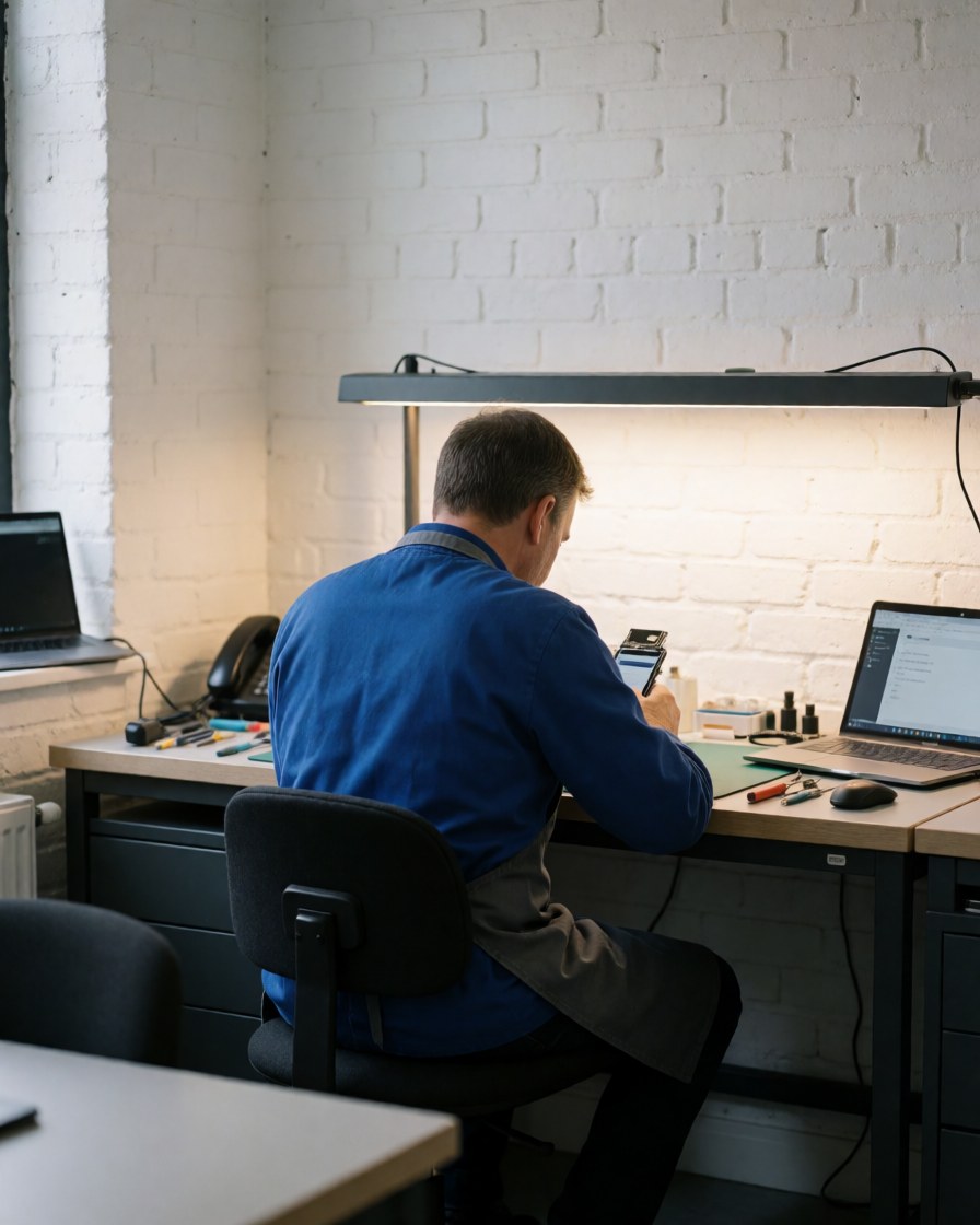 Un technicien en atelier répare un téléphone portable avec des outils, devant un mur de briques blanches et sous un éclairage de travail.