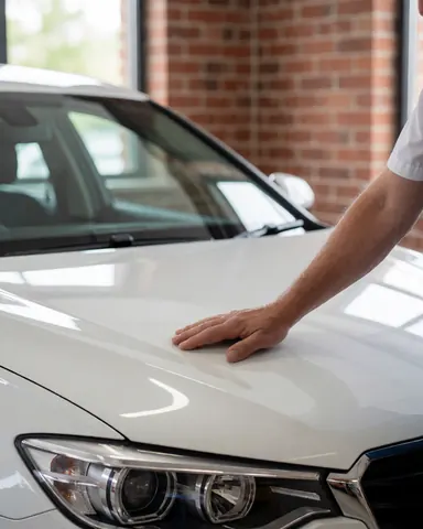 Une main touche le capot brillant d'une voiture blanche dans un atelier avec un mur en briques, évoquant un service de lavage automobile.