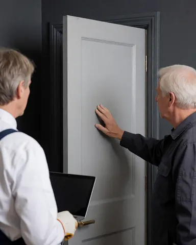 Une cliente inspecte attentivement la surface d'une porte grise nouvellement peinte, tandis qu'un professionnel tient un ordinateur portable à ses côtés dans un intérieur aux murs gris.