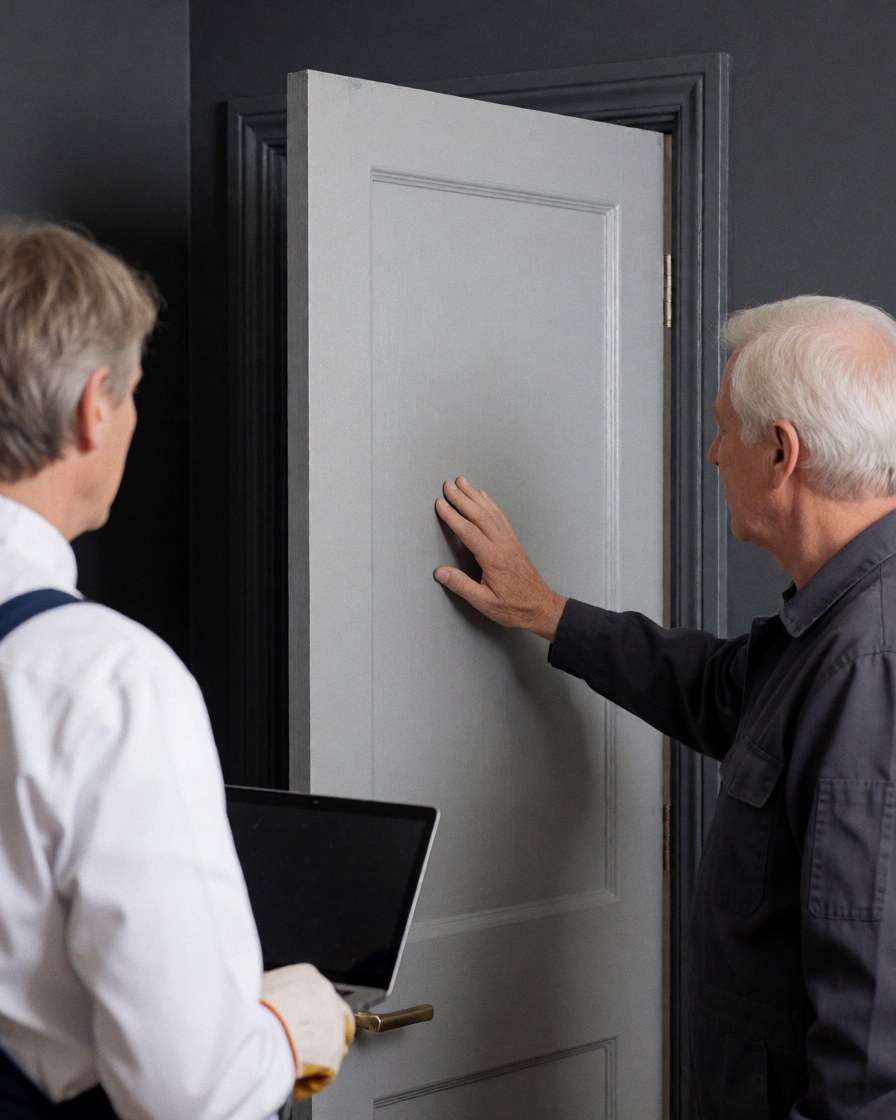 Une cliente inspecte attentivement la surface d'une porte grise nouvellement peinte, tandis qu'un professionnel tient un ordinateur portable à ses côtés dans un intérieur aux murs gris.