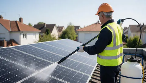 Un technicien en tenue de sécurité et casque utilise un tuyau pour nettoyer des panneaux solaires sur le toit d'une maison.