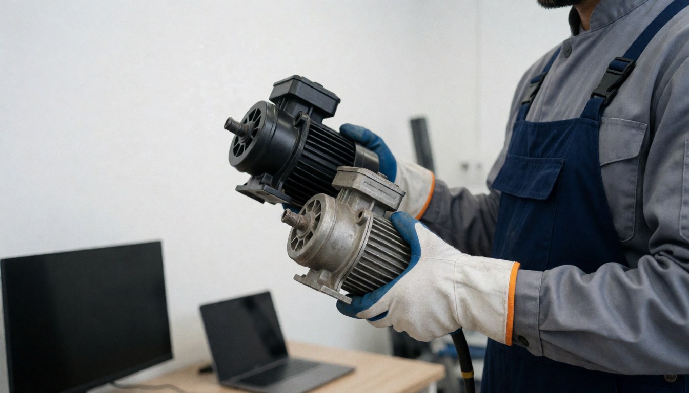 Technicien en atelier de réparation comparant un moteur neuf et un moteur usagé, portant gants et tenue professionnelle.