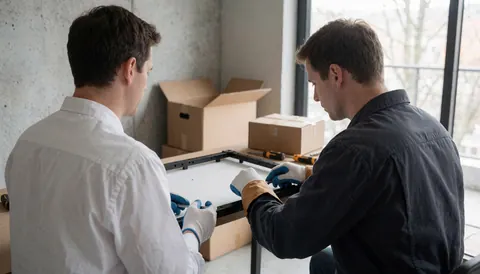 Deux techniciens assemblent une table de bureau dans un espace aux murs en béton et à la lumière naturelle, entourés de boîtes et d'outils.