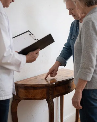 Un client et un restaurateur examinent ensemble la réparation de marqueterie sur une table en bois restaurée, sur fond blanc, mettant en évidence le détail du travail manuel.