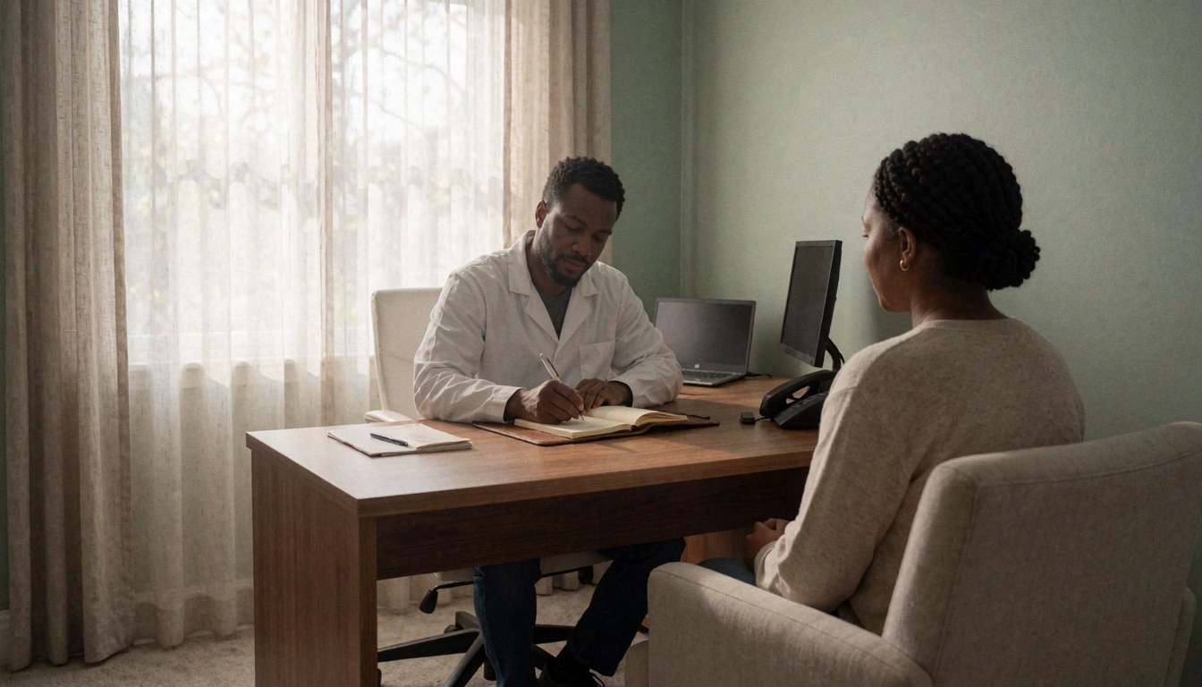 Un praticien homéopathe prend des notes dans un carnet pendant qu'un patient attend assis dans une salle de consultation aux murs verts et à la lumière naturelle.