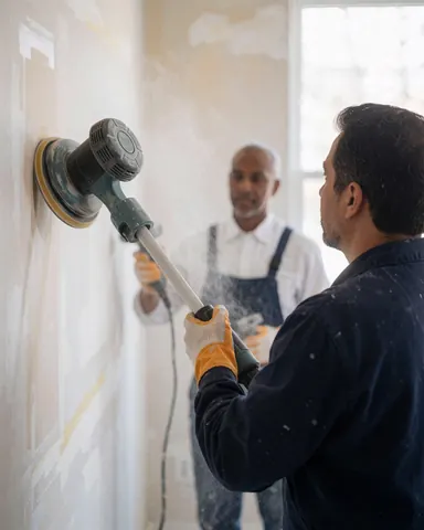 Un homme utilise un polisseuse pour lisser une surface murale pendant qu'un client observe attentivement la réparation dans une pièce éclairée par la lumière naturelle.