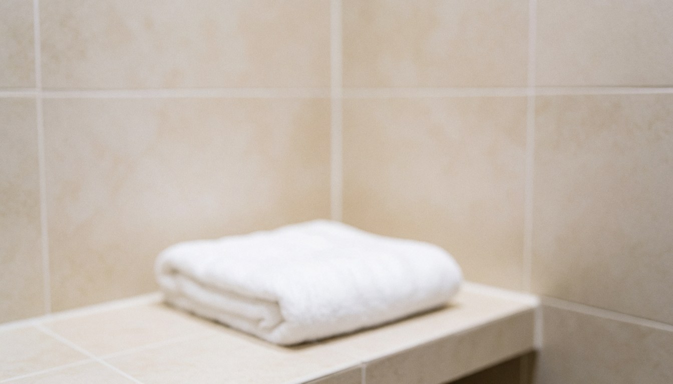 Serviette blanche pliée sur un plan de travail en marbre dans une salle de bain avec carrelage beige, fond neutre idéal pour des textes promotionnels.
