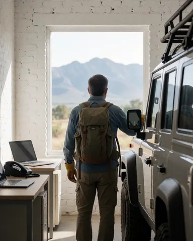 Un homme équipé d'un sac à dos et de vêtements de randonnée se tient à côté d'un 4x4, regardant les montagnes au loin depuis une pièce aux murs en briques blanches.
