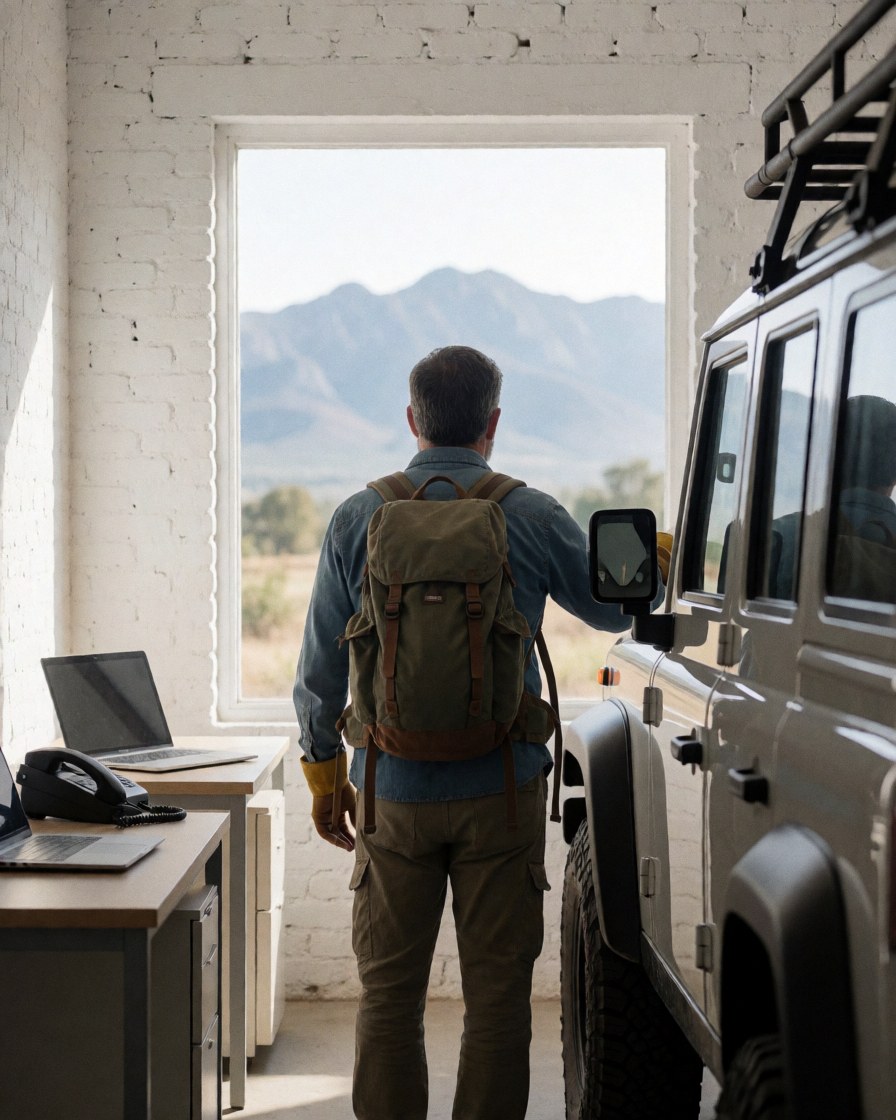 Un homme équipé d'un sac à dos et de vêtements de randonnée se tient à côté d'un 4x4, regardant les montagnes au loin depuis une pièce aux murs en briques blanches.