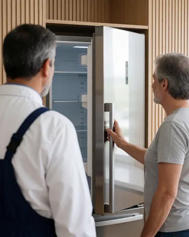 Un technicien montre à un client que la porte du réfrigérateur est correctement alignée et se ferme facilement dans une cuisine moderne.