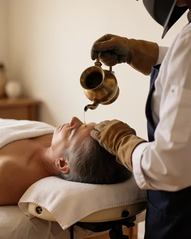 Un praticien effectue un massage ayurvédique en versant de l'huile de bronze sur le front du client allongé, dans un cadre relaxant.