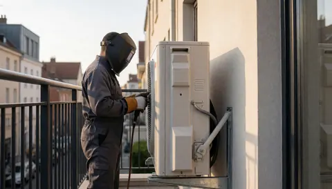 Un ouvrier équipé de protections installe une unité de pompe à chaleur sur un balcon urbain avec garde-corps, éclairé par la lumière du coucher de soleil.