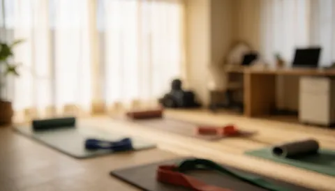 Salle de massage sportif équipée de tapis et de bandes de résistance, baignée d'une lumière douce dans un environnement propice à la récupération physique et à la détente.