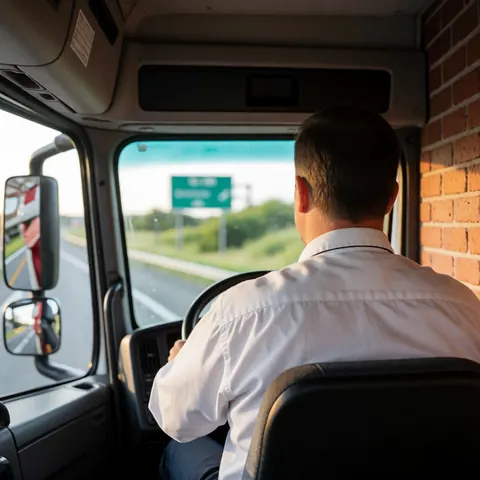 Conducteur de camion dans la cabine avec mur de briques, vue sur la route et lumière du coucher de soleil, scène de transport.