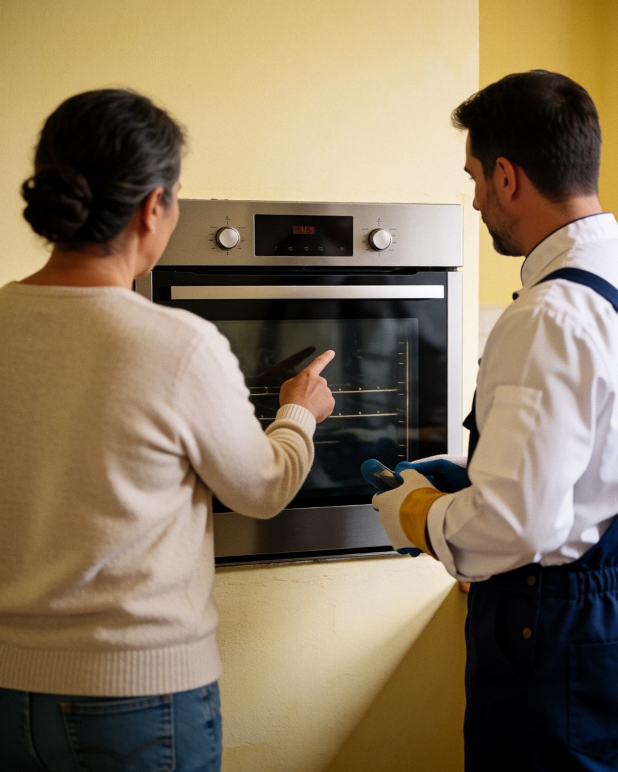 Un technicien en gants examine un four moderne dans une cuisine aux murs jaunes, en présence d'un client.