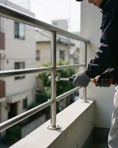 Un travailleur portant des gants de protection fixe une rambarde en acier inoxydable sur un balcon en béton à l'aide d'une clé dynamométrique.