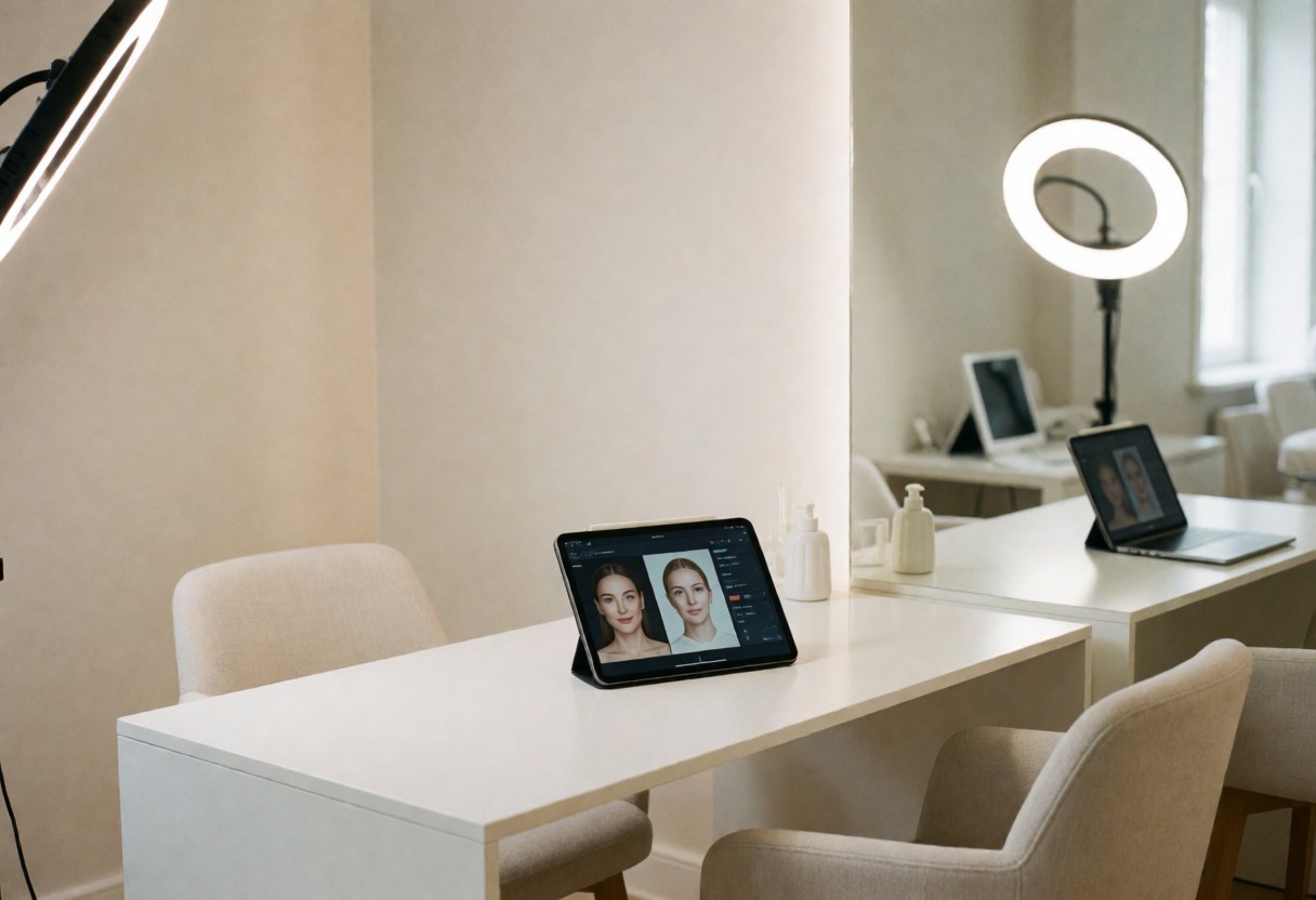 Espace de soin moderne avec table blanche, tablette affichant une analyse cutanée, éclairage studio, miroir et sièges dans un environnement propre et professionnel.
