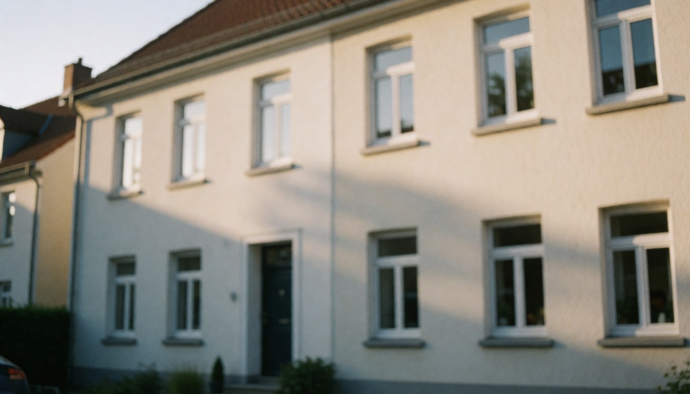 Façade d'un bâtiment résidentiel avec des fenêtres en verre, éclairage de coucher de soleil et ombres douces, idéal pour les services de réparation de fenêtres.