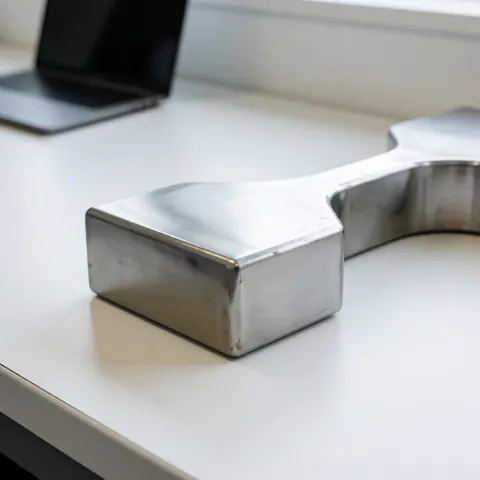 Support en métal estampé à finition mate posé sur une table blanche, éclairé par la lumière naturelle, adapté à l'industrie métallurgique.
