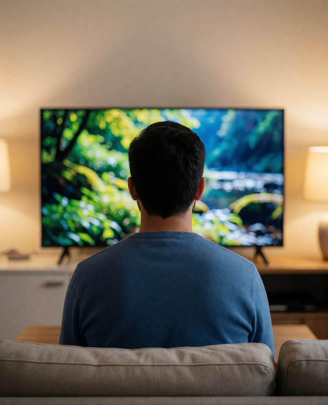 Un client assis sur un canapé regarde une grande télévision affichant un paysage naturel dans un salon aux murs beiges et à l'éclairage chaleureux.