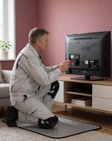 Technicien de réparation de télévision avec genouillères et protection, utilisant un tournevis sur le panneau arrière de la télévision dans une pièce aux murs roses.
