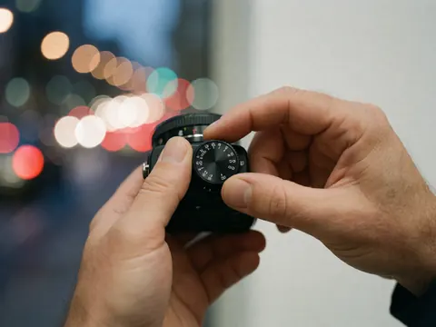 Mains ajustant le cadran ISO d'un appareil photo avec un arrière-plan de lumières urbaines floues, idéal pour un photographe cinétique.
